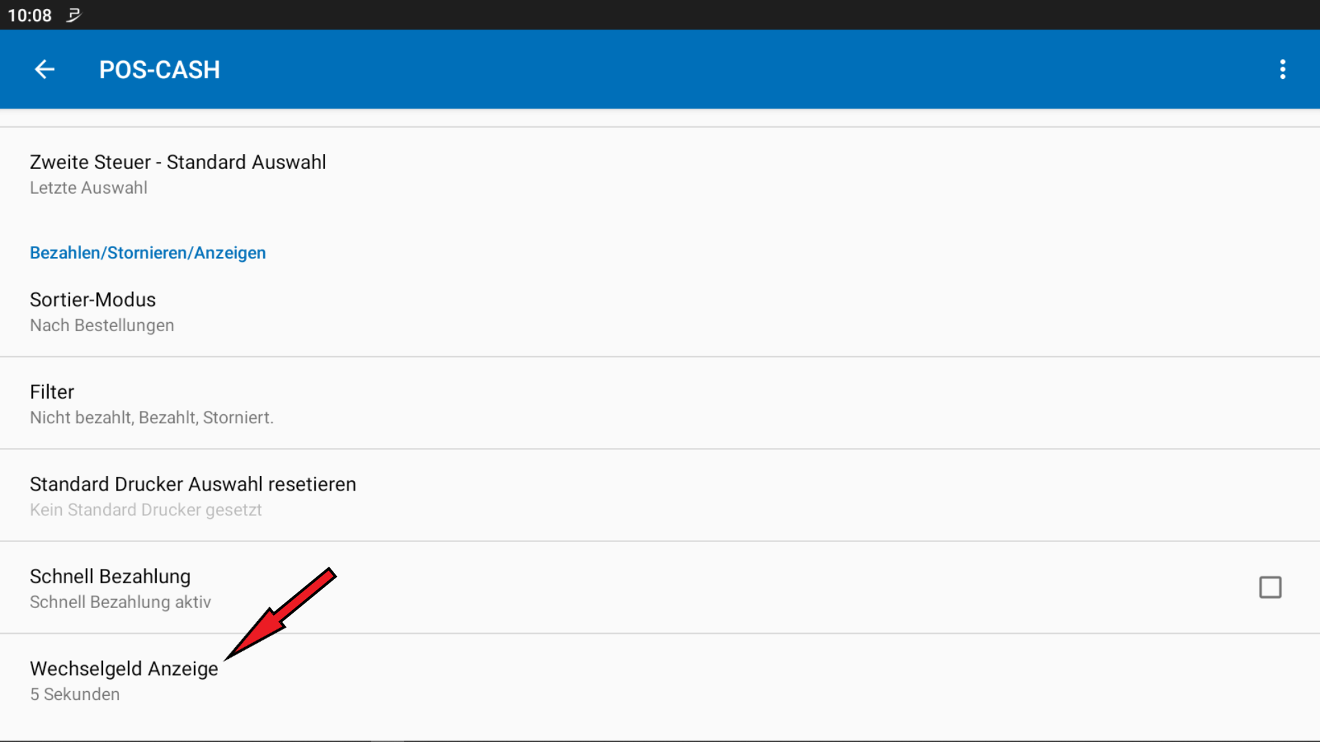 POS CASH Wechselgeldanzeige – Dauer einstellen 3