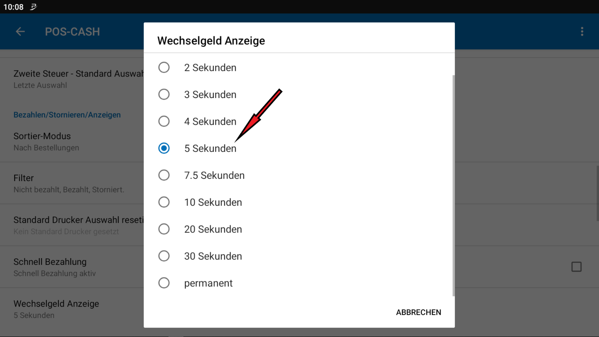 POS CASH Wechselgeldanzeige – Dauer einstellen 4